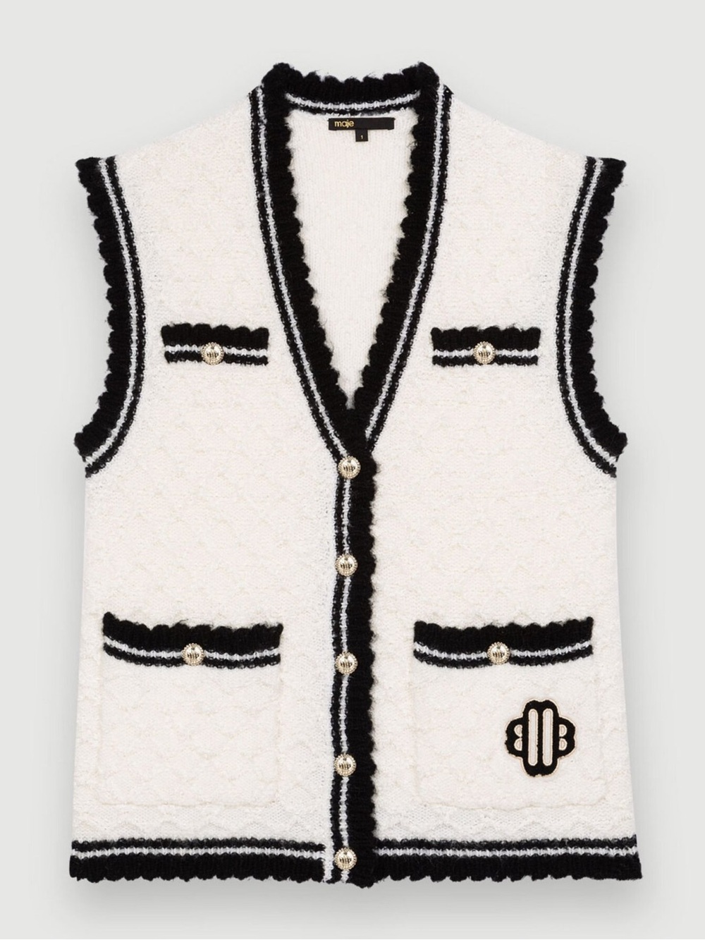 Maje Cream Knit Sleeveless Sweater with Black Trim Size 1 (S) EUC Like New